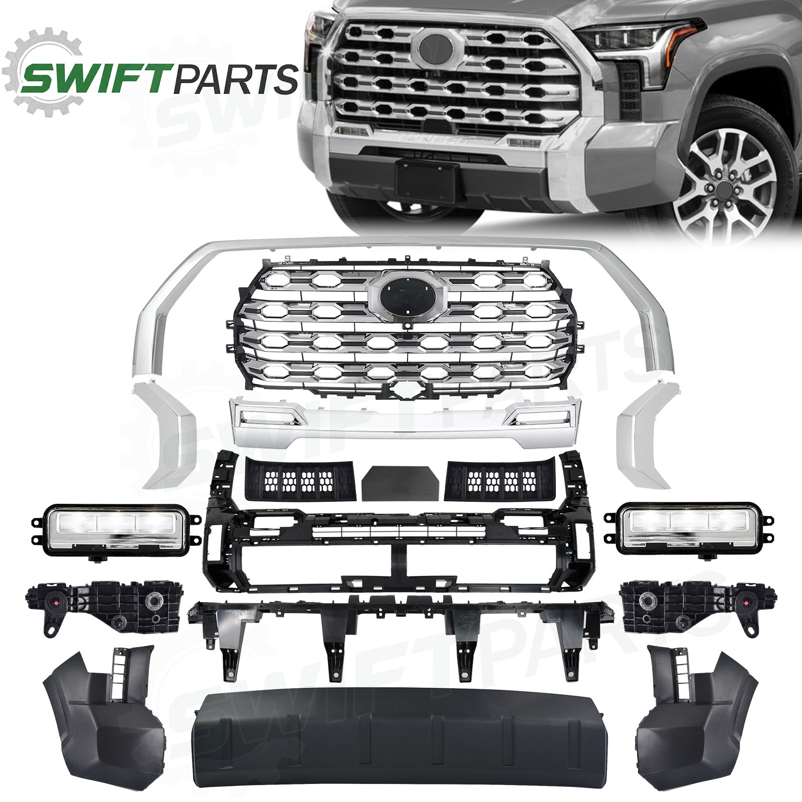 Fit 2022-2025 Toyota Tundra Front Bumper Grille Assembly Chrome w/Fog Light/Trim