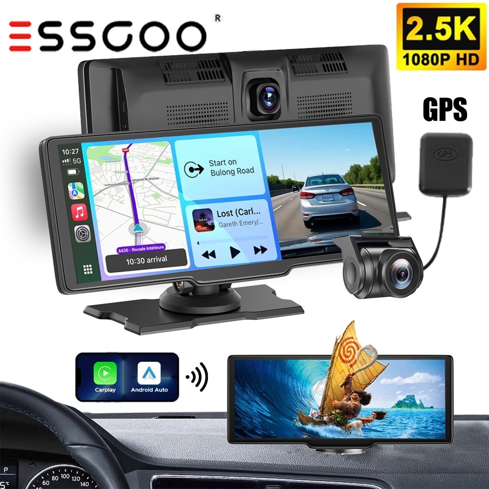 ESSGOO 4K 10.26″ Touch GPS Dash Cam Dual Car Recorder for CarPlay Android Auto