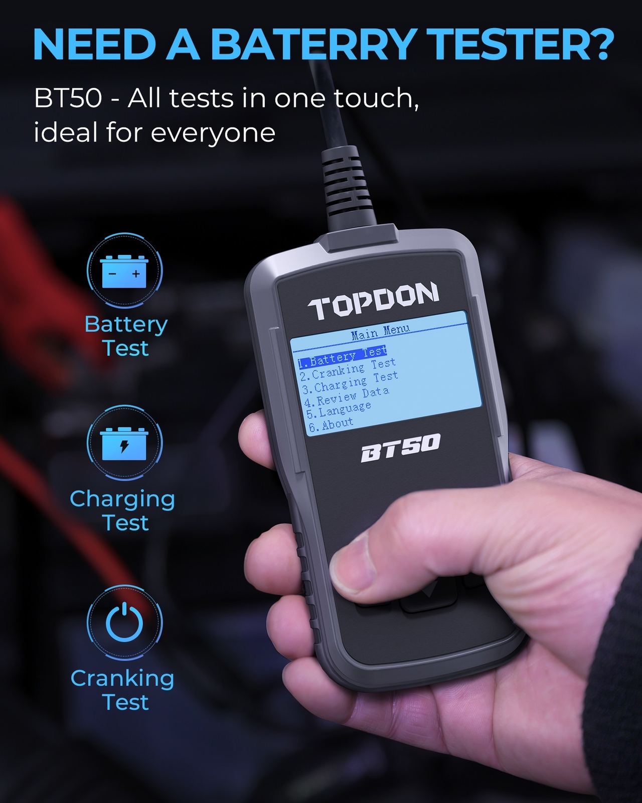TOPDON BT50 12V Car Battery Tester Battery Load Tester Unlock Cranking Test