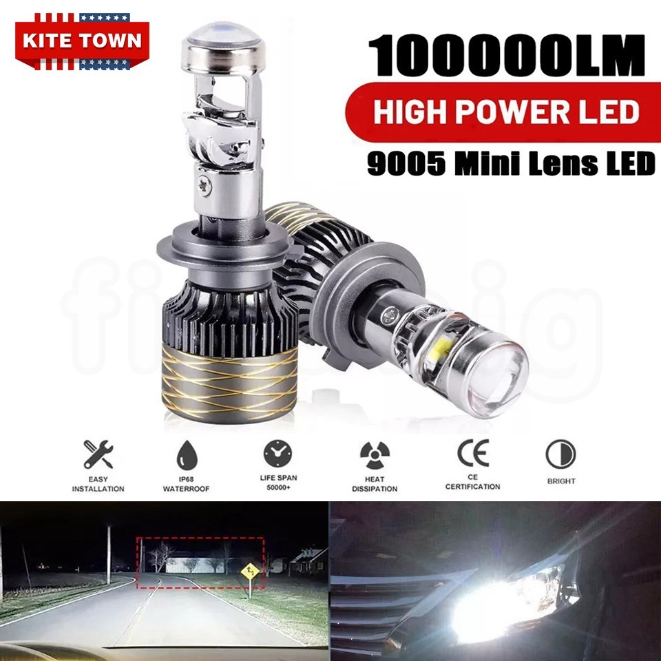 2PCS 9005 HB3 200W Mini Bi LED Projector Lens Headlight Kit 100000LM 6000K White