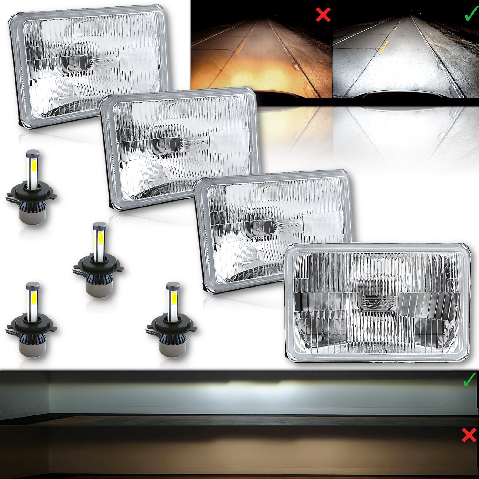 4X6 4000Lm LED Semi Sealed Stock Glass H4 Headlight Headlamp Light Bulb Set