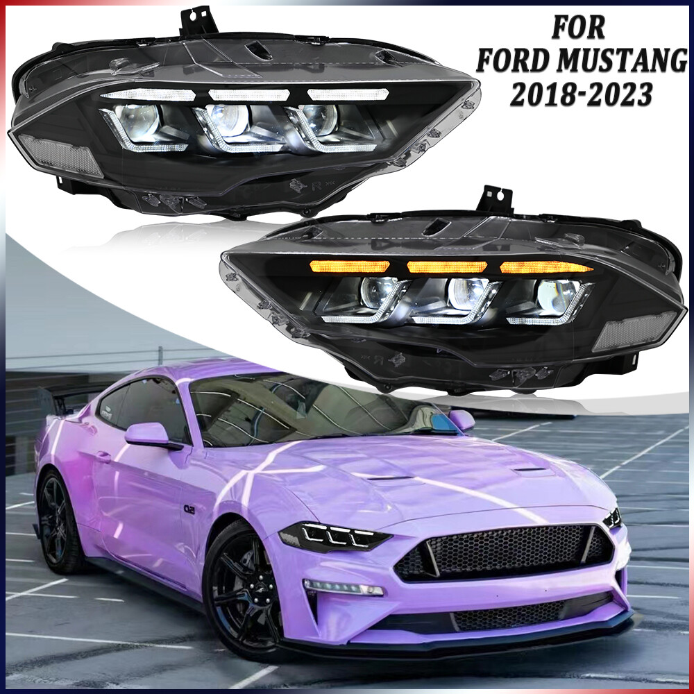 Black Pair LED Headlights Fit For Ford Mustang 2018-2023 Front Lamps Assembly