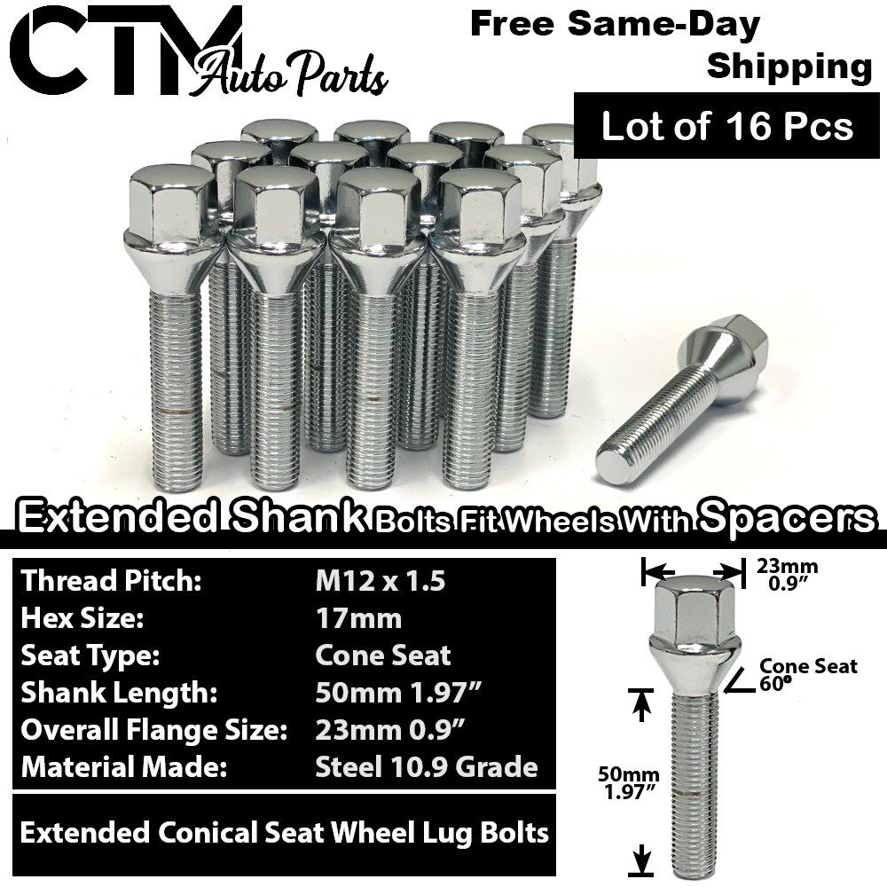 16x Chrome 12×1.5 Cone Seat Lug Bolts 50mm Shank Audi VW Smart w/ 20-25mm Spacer