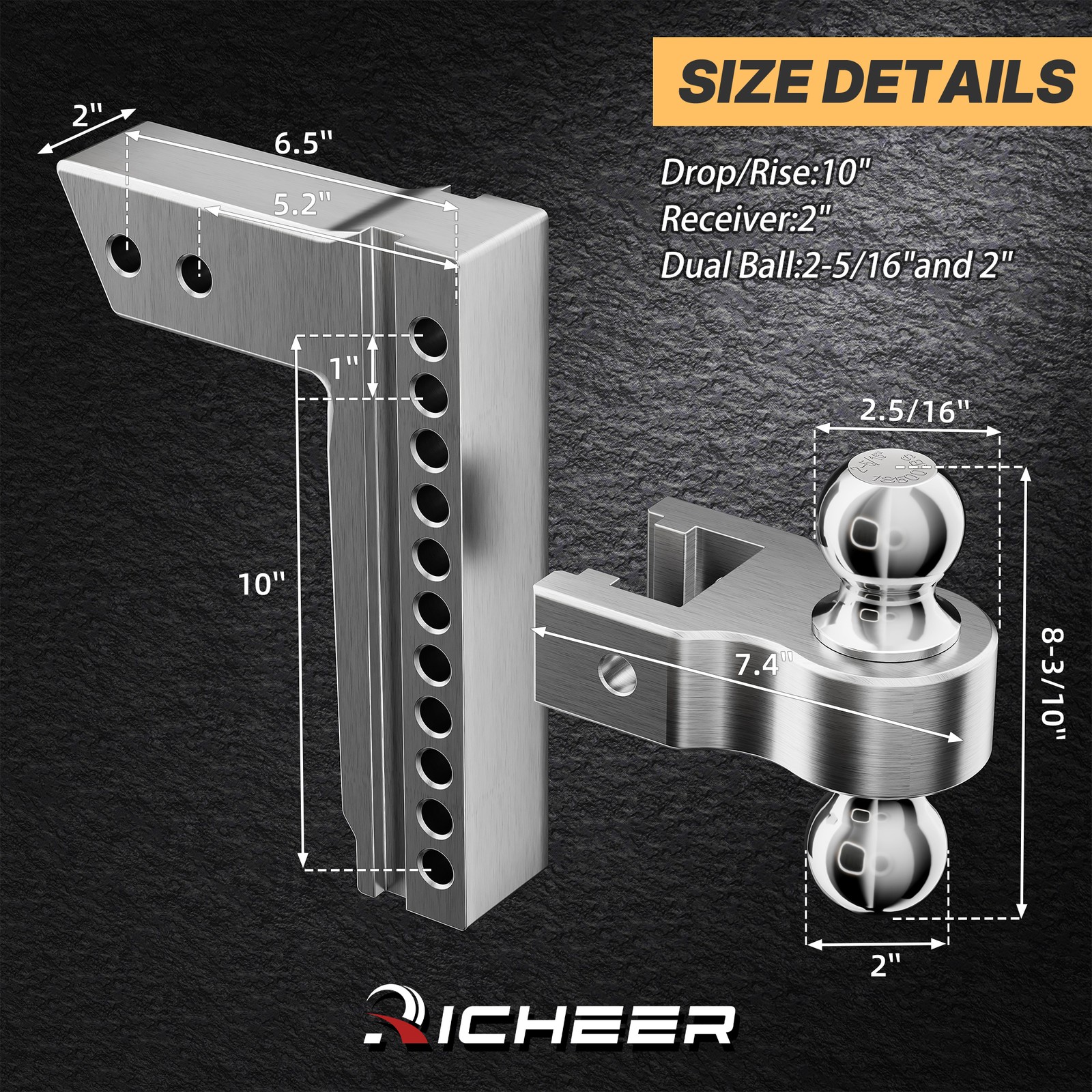Adjustable Towing Trailer Hitch 12500lb 2″ Receiver 10″ Rise/Drop with lock