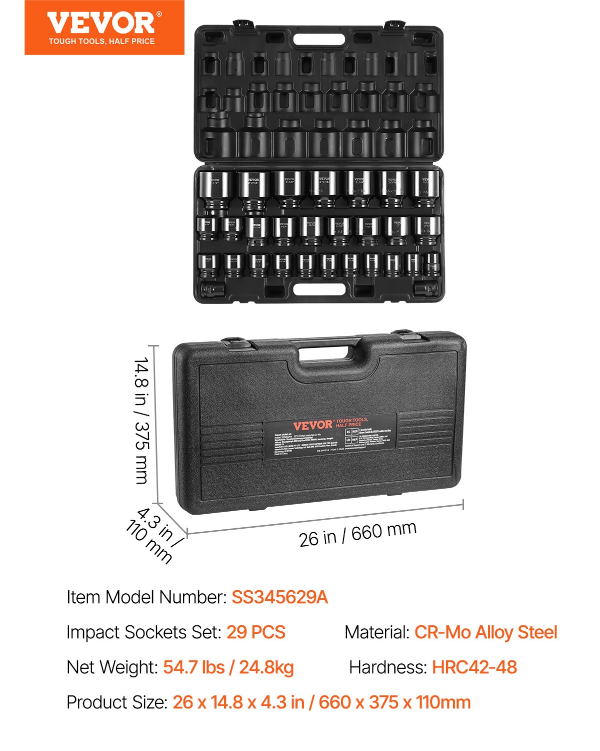 VEVOR Impact Sockets Set 3/4 Inch Drive 29 PCS 3/4 inch – 2-1/2 inch 6-Point Set