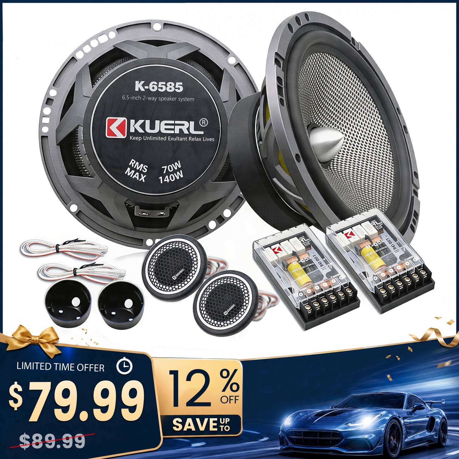 KUERL Heavy-duty 6.5” Car Audio Component Bullet Speakers Set 2 Way 140W Pair