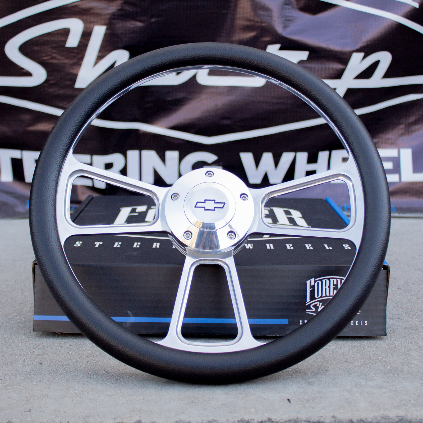 14″ Billet Steering Wheel + Adapter for Chevy 69-94 – Leather Wrap + Chevy Horn