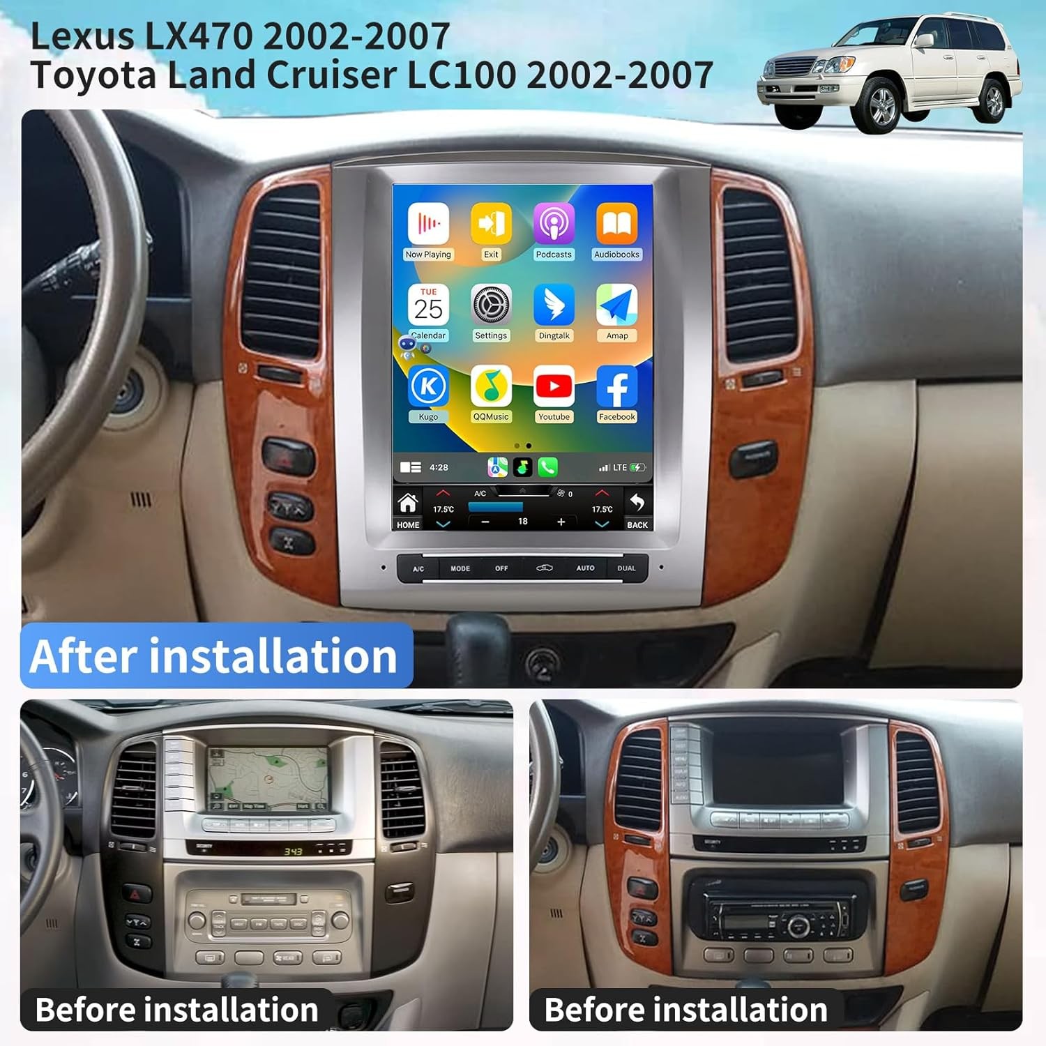 2+32G For Lexus LX470 2004-2008 Head Unit Car GPS Navi Stereo Radio Android 14.0