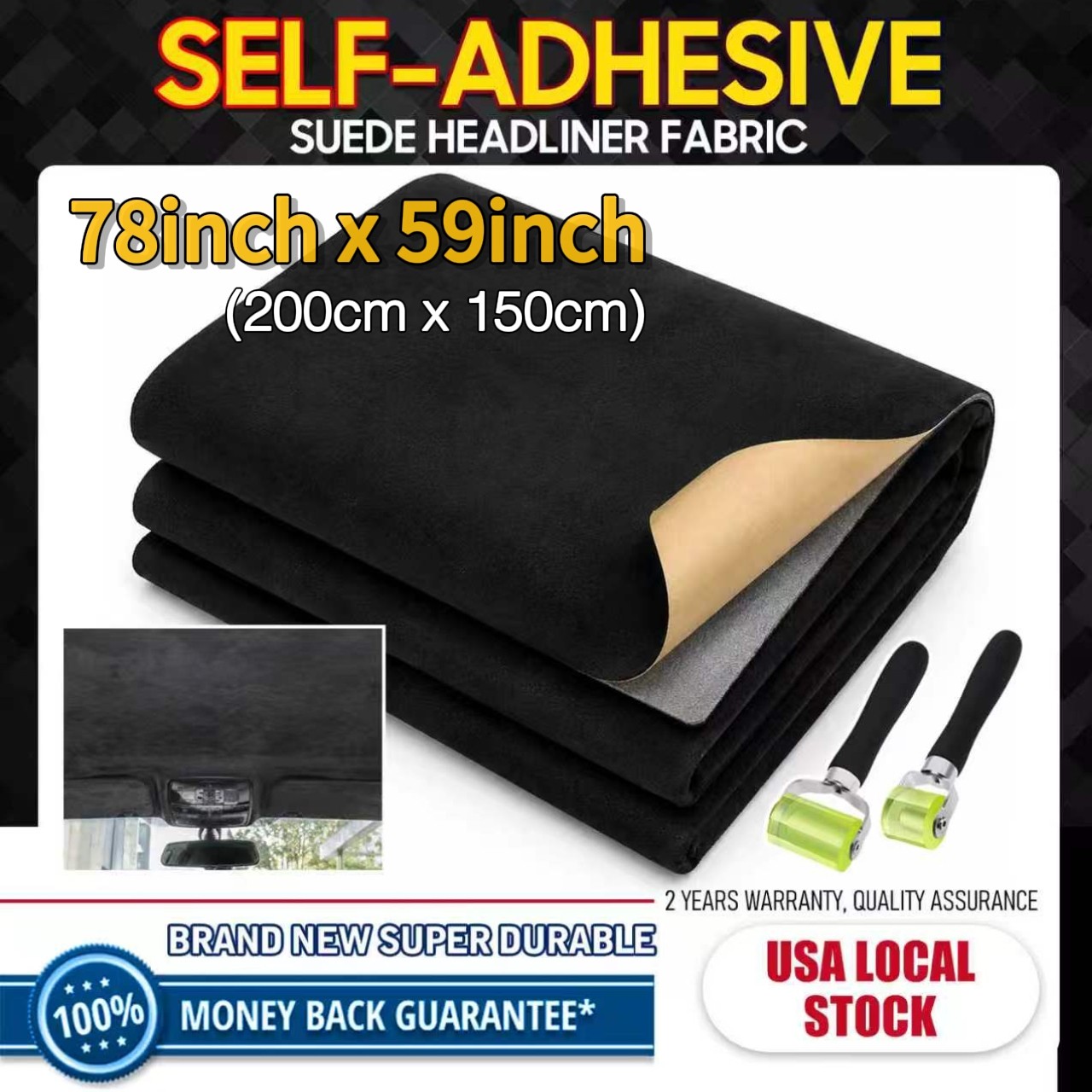 Premium 78″x59″ Self-Adhesive Suede Fabric Black for Car SUV Replace Repair