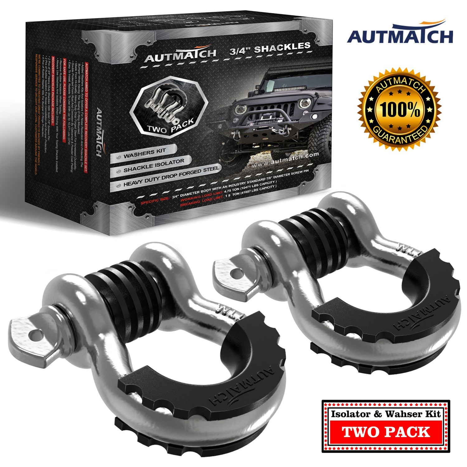 AUTMATCH D Ring Shackle 3/4″ Shackle Heavy Duty For Off Road Recovery, Silver