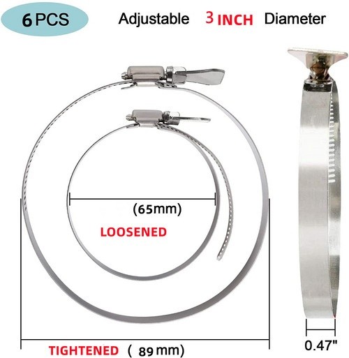 6PCS 5″ Hose Clamps Adjustable SS304 w/ Thumb Screw Handle to Loosen or Tighten
