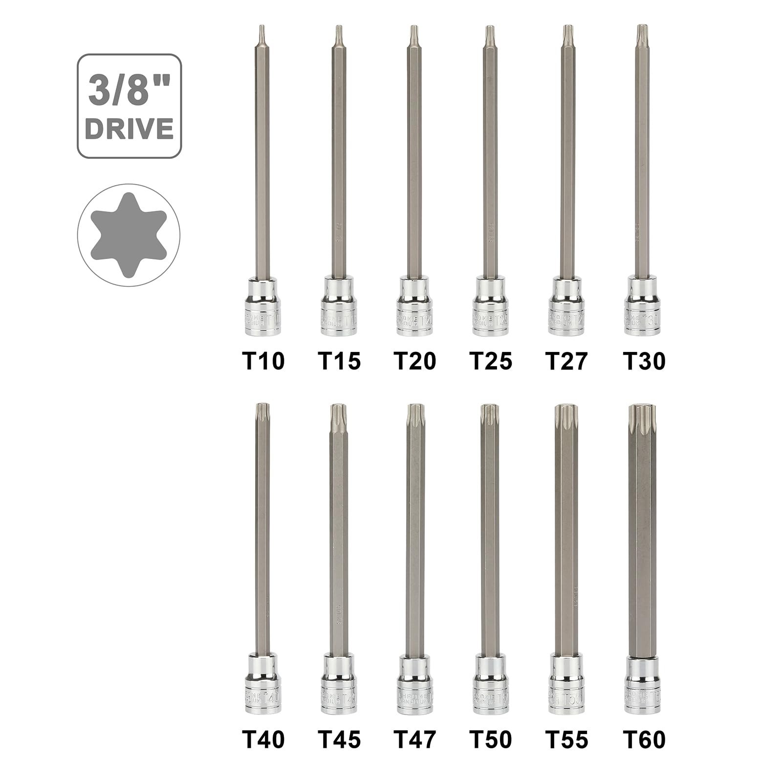 12PCS Extra Long Torx Bit Socket Set T10-T60, 3/8″ Drive, Deep CR-V S2 Steel
