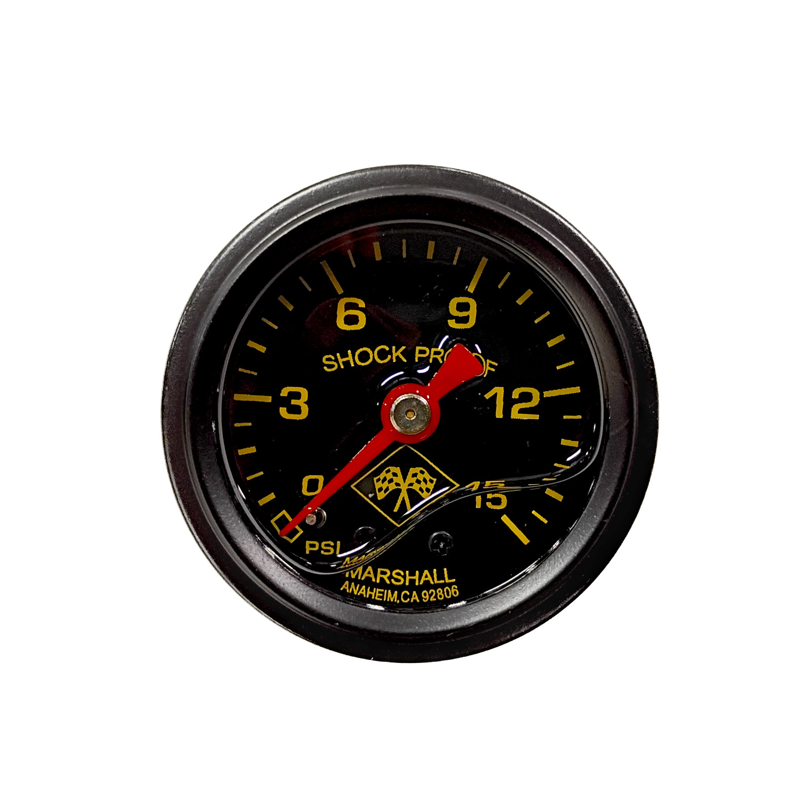 Marshall Fuel Pressure Gauge MNB00015; 0-15 psi 1-1/2 in. Liquid Filled Blk/Yel