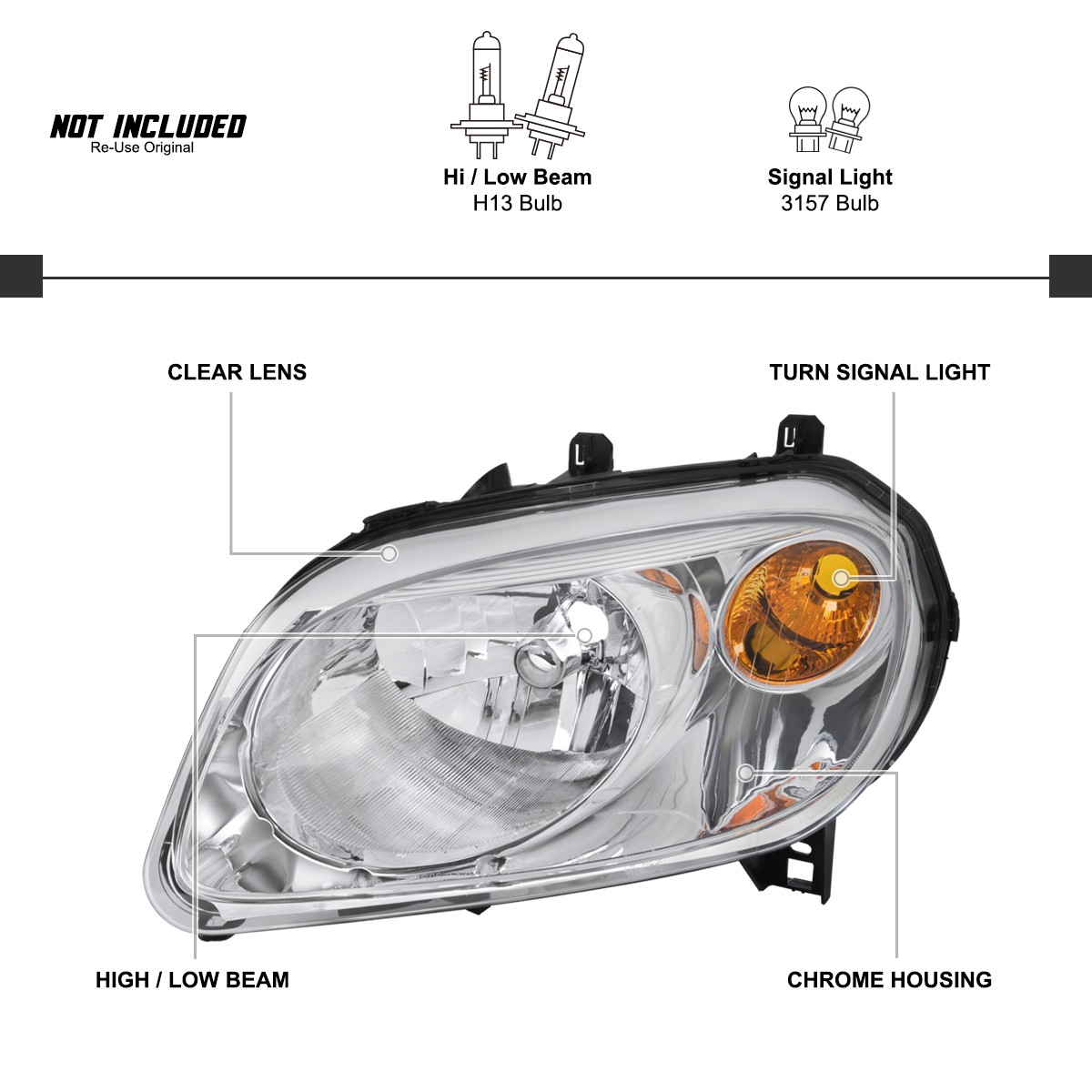 Chrome Headlights Fits 2006-2011 Chevrolet HHR Lamps Assembly Pair Set