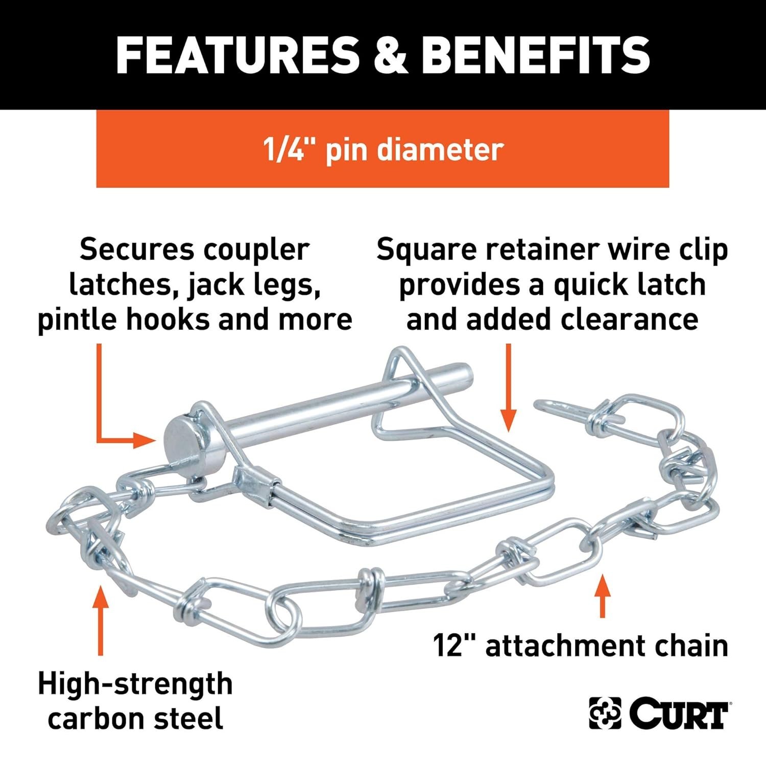 CURT 25012 Trailer Coupler Pin with 12-Inch Chain, 1/4-Inch Diameter x 2-3/4-Inc