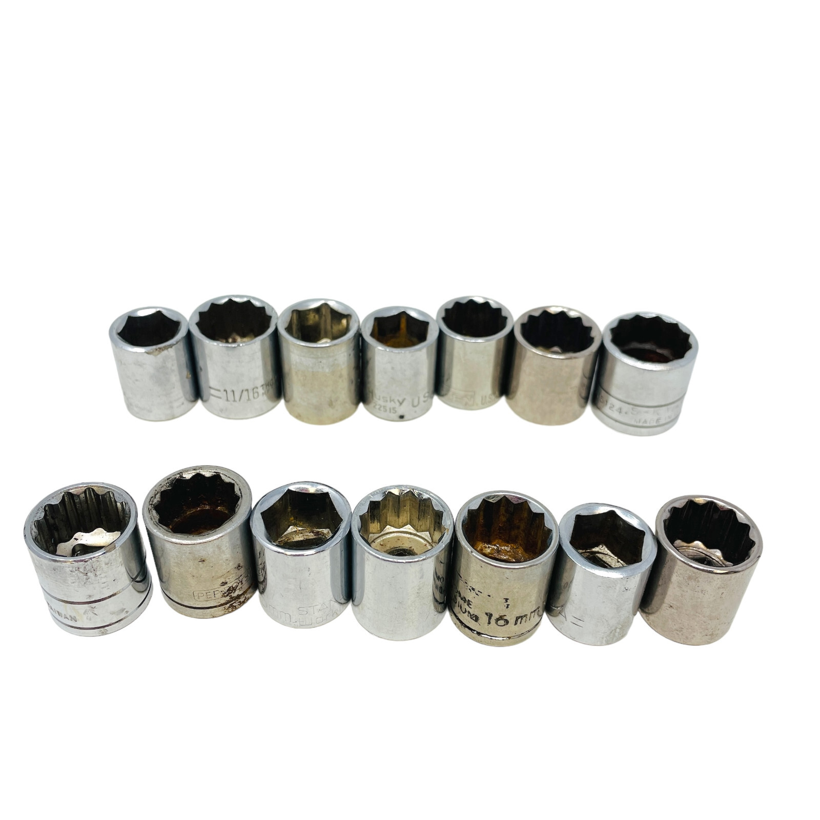 14 Pc Husky, SK and Assorted 45124 11/16, 15mm 3/8 Drive Socket Set, Made in USA