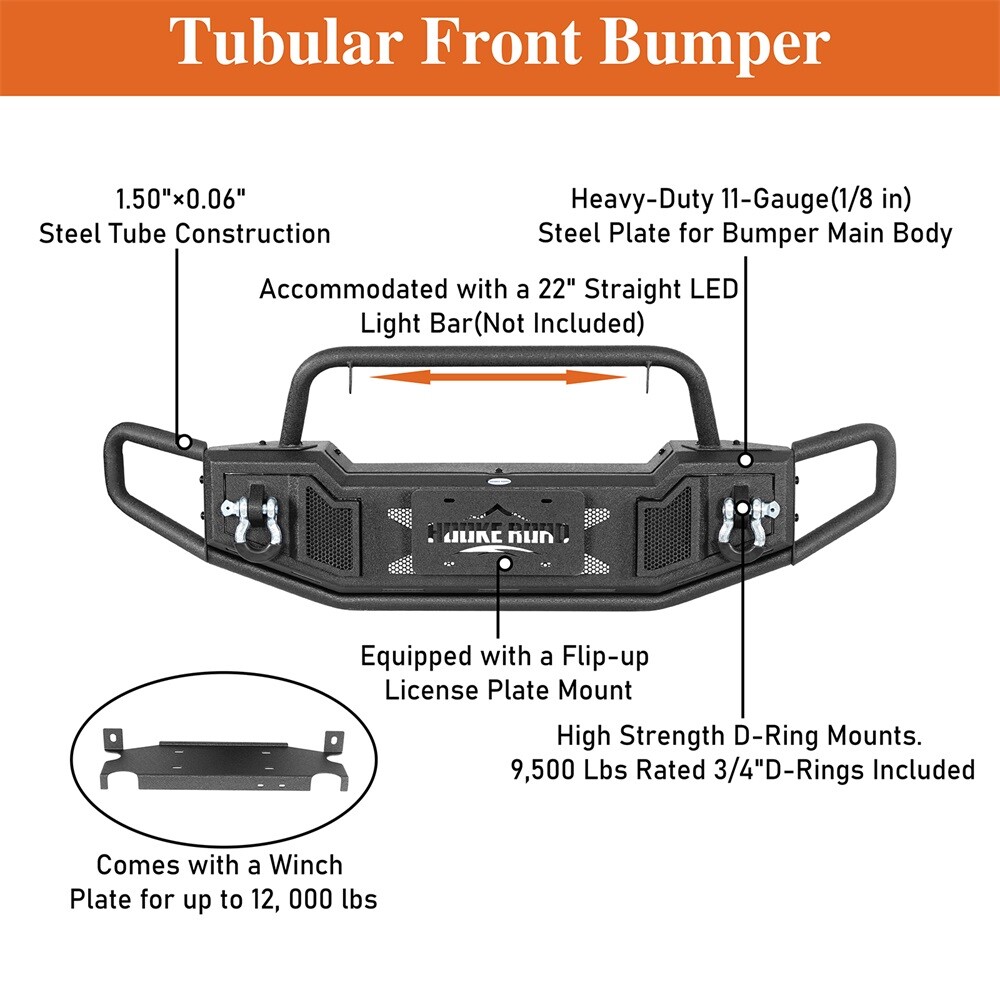 Hooke Road Heavy Duty Steel Front/Rear Bumper BAR for Jeep Wrangler 2007-2018 JK