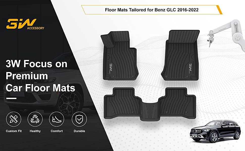 3W Floor Mats Cargo Liner For Mercedes-Benz GLC 2016-2022 All Weather TPE Mat