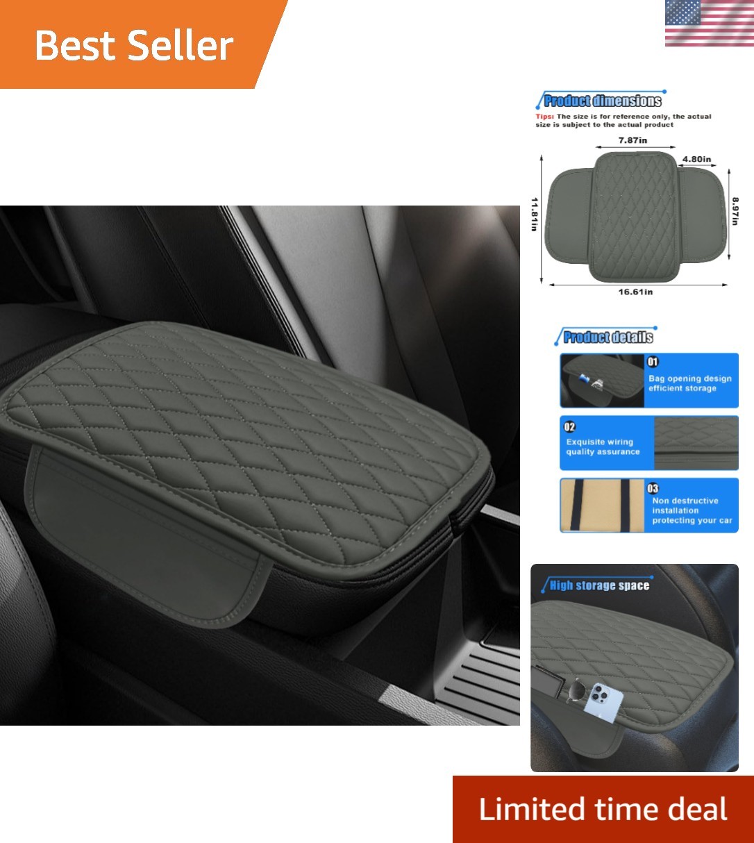 Stylish Car Leather Armrest Cushion with 2 Pockets – Enhances Comfort & Style
