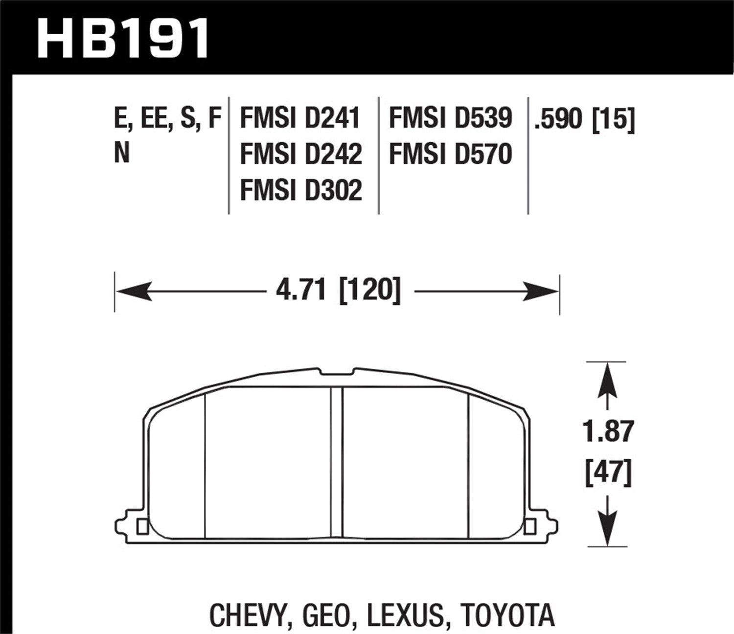 Hawk HB191E.590 Blue 9012 Front Disc Brake Pad – 0.590 Thickness For Nova NEW