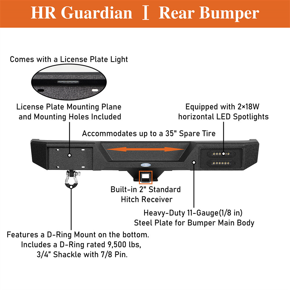 Hooke Road Fit 07-18 Jeep Wrangler JK Rear Bumper w/ Tire Carrier Light Tow Hook