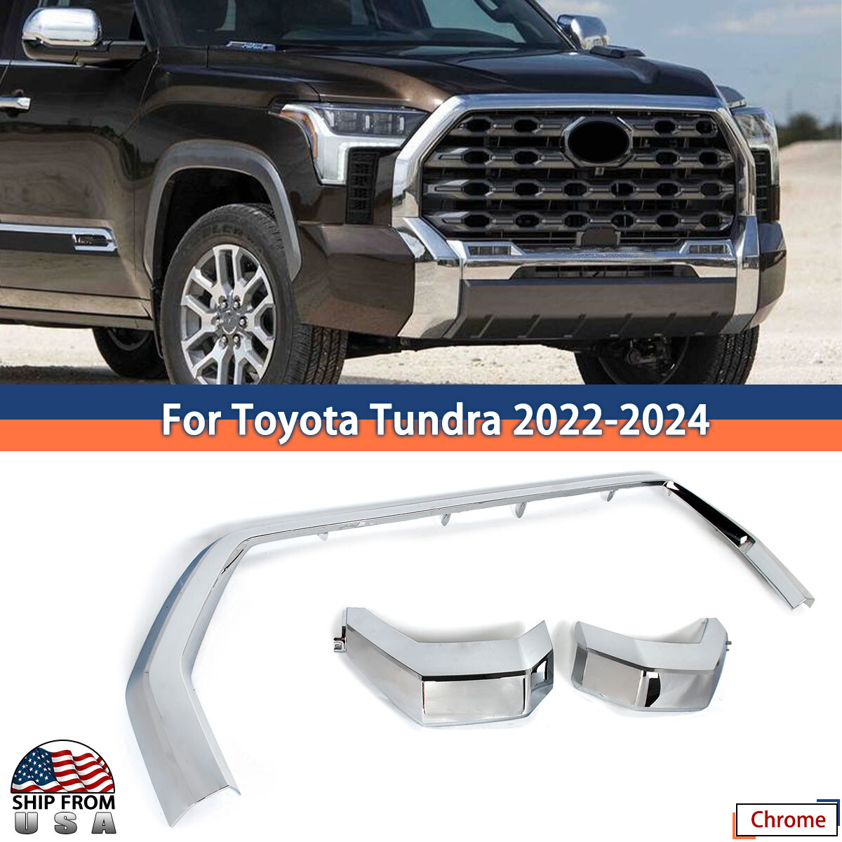 Front Grille Trim Molding Surround Chrome For Toyota Tundra 2022-2024 Plastic