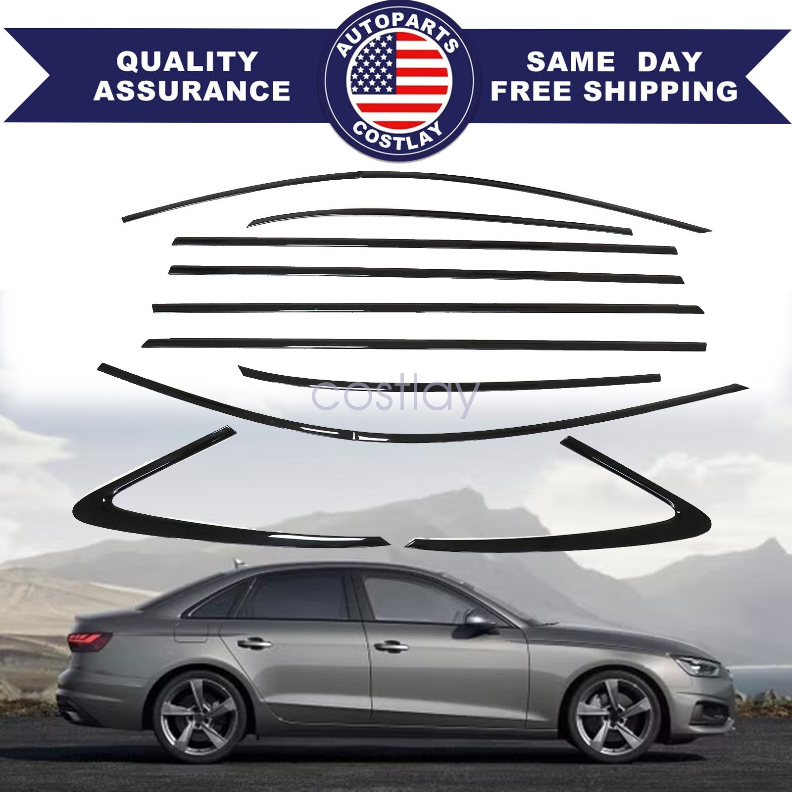 FOR Audi A4 S4 20-25 10pcs Gloss Black Car Window Molding Trim Strip Cover USA