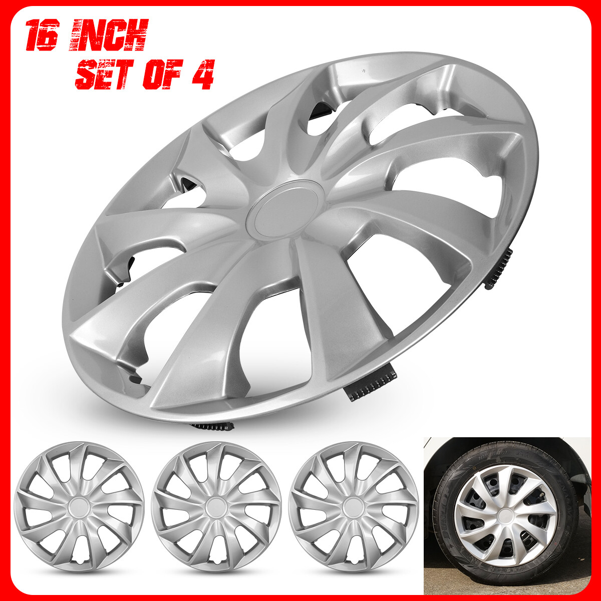 16″ Set of 4 Silver Wheel Covers Snap On Full Hub Caps fit R16 Tire & Steel Rim