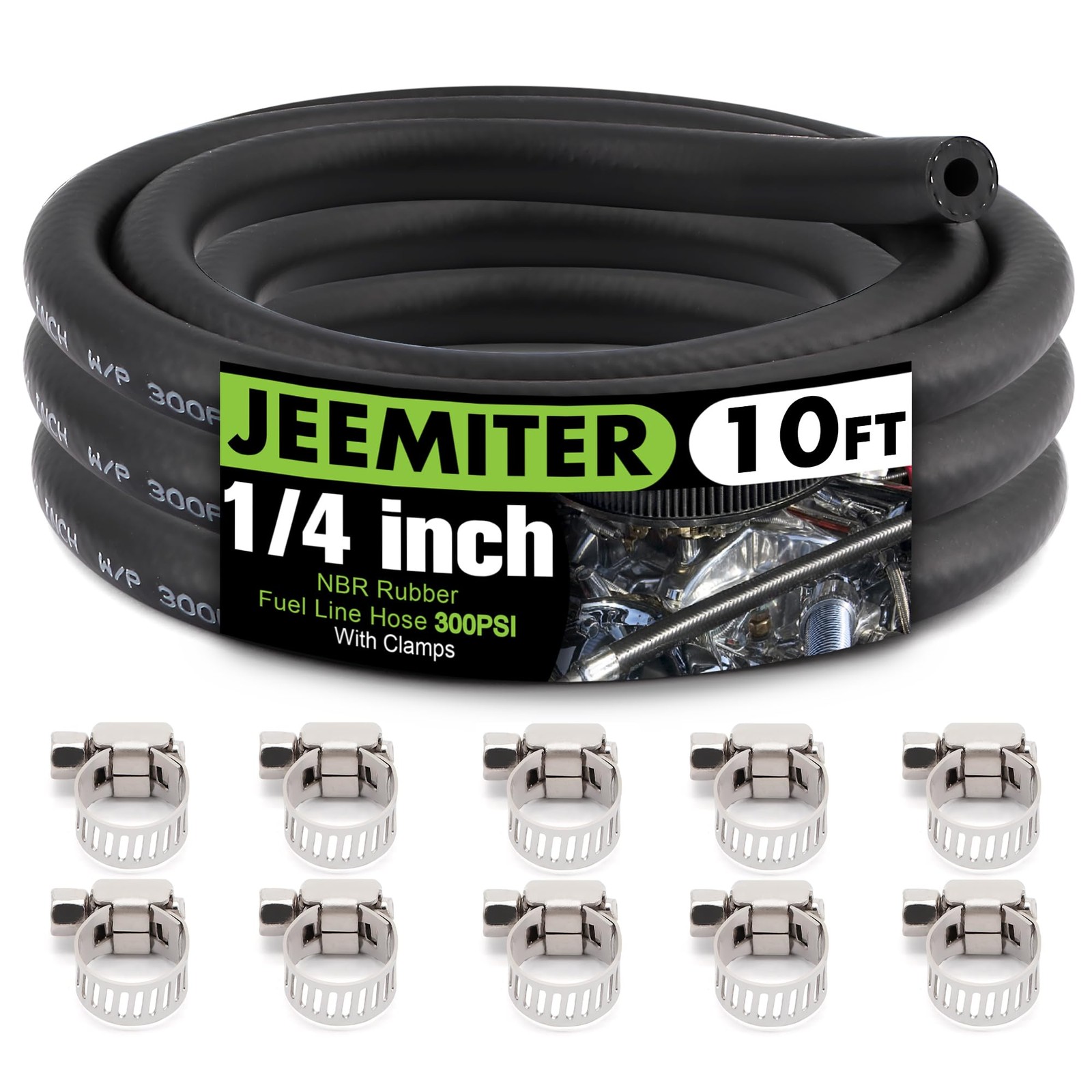 10FT 1/4″ Fuel Line Hose Kit SAE 30R7 Rubber with 10 Clamps for Gas, Oil,