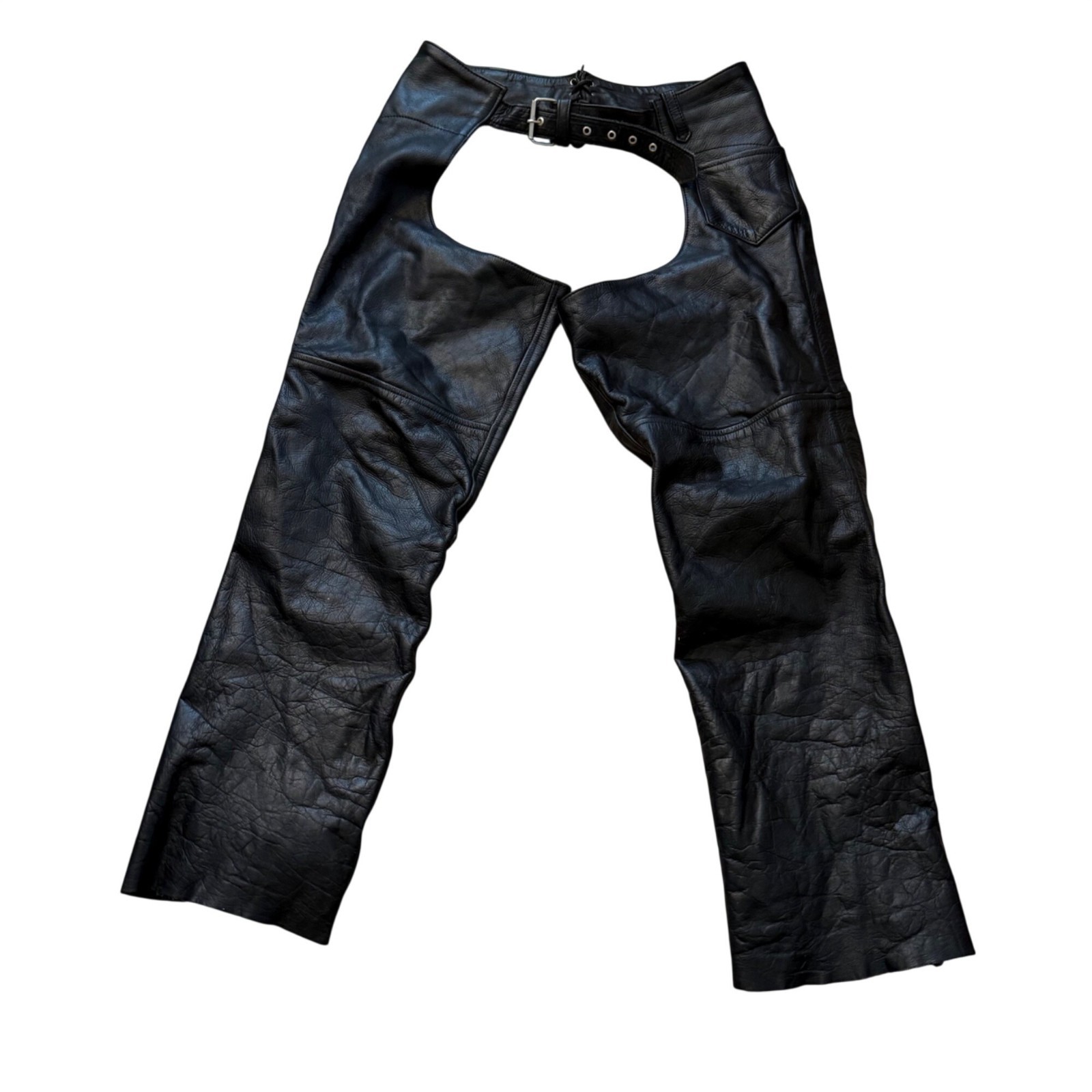 Black Leather Motorcycle Chaps With Adjustable Waist & Snap Closure
