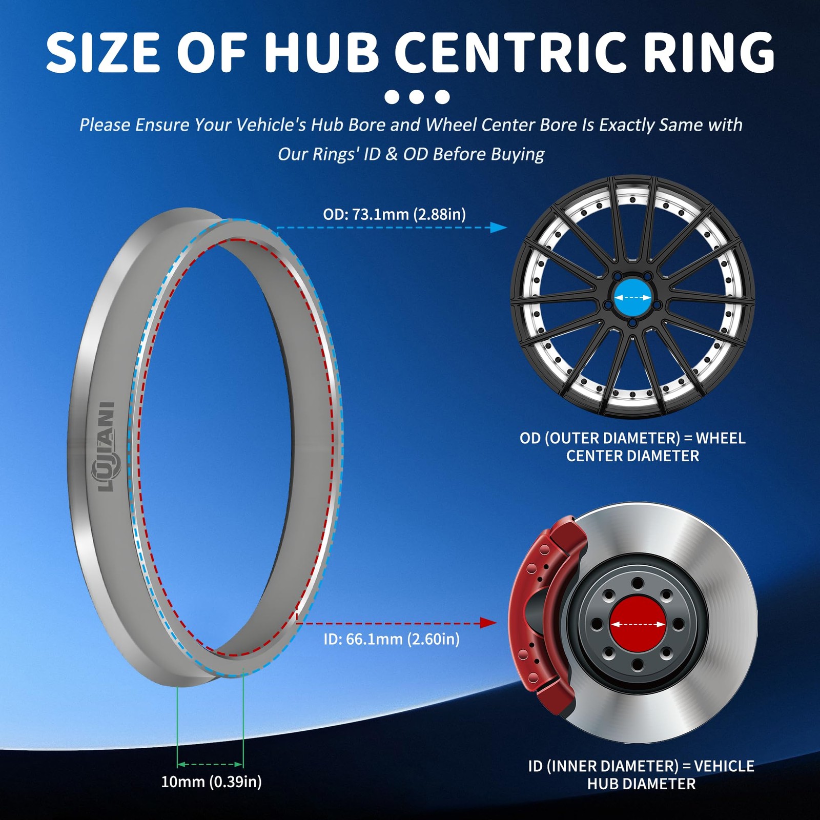 LUJIANI Universal Hub Centric Ring, 73.1 mm OD 73.1mm to ID 66.1mm, Silver