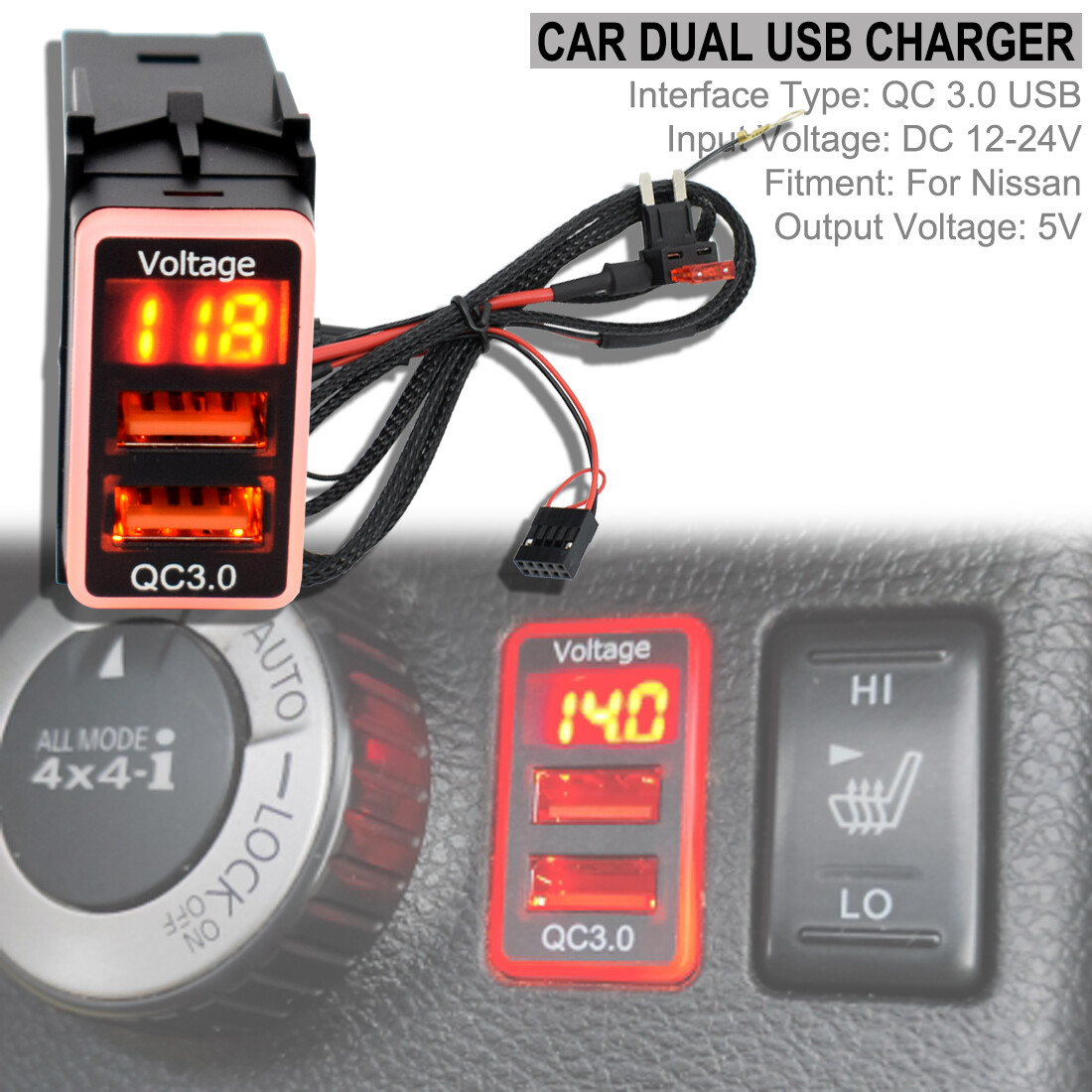 Car Dual USB Phone Charger 2.1A Ports Phone Socket For Nissan Digital Voltmeter