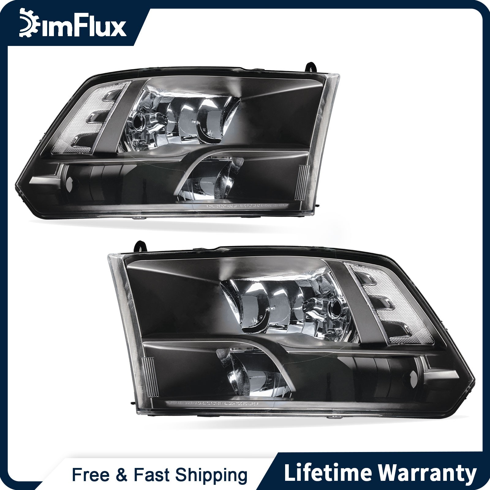 DimFlux Headlights 09-10 for Dodge Ram 1500 2500 3500 4500 5500 Black Housing