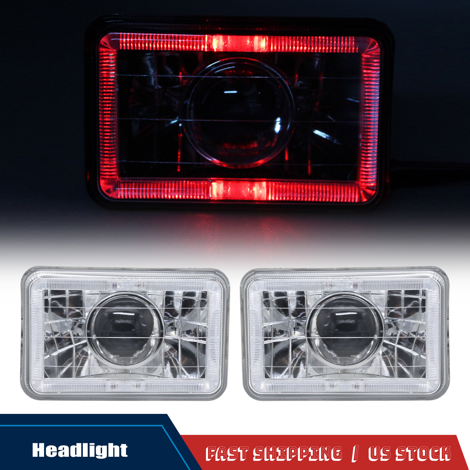 5″ 4×6 inch Clear Lens Red LED Diamond Cut Semi Sealed Beam Projector Headlights