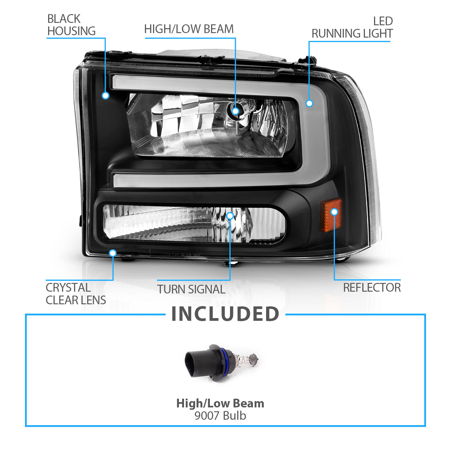 1999-2004 [LED C Bar] For Ford F250/F350 Superduty Excursion Black Headlights