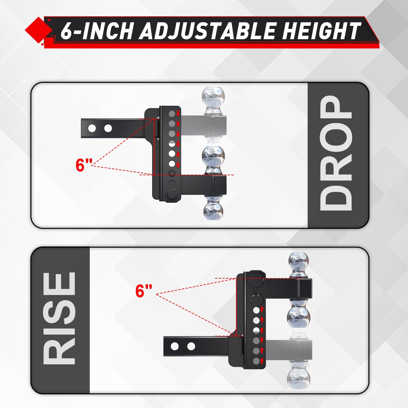TYT 2.5″ Receiver 6” Drop Adjustable Trailer Tow Hitch Dual Ball w/Lock 12500lb