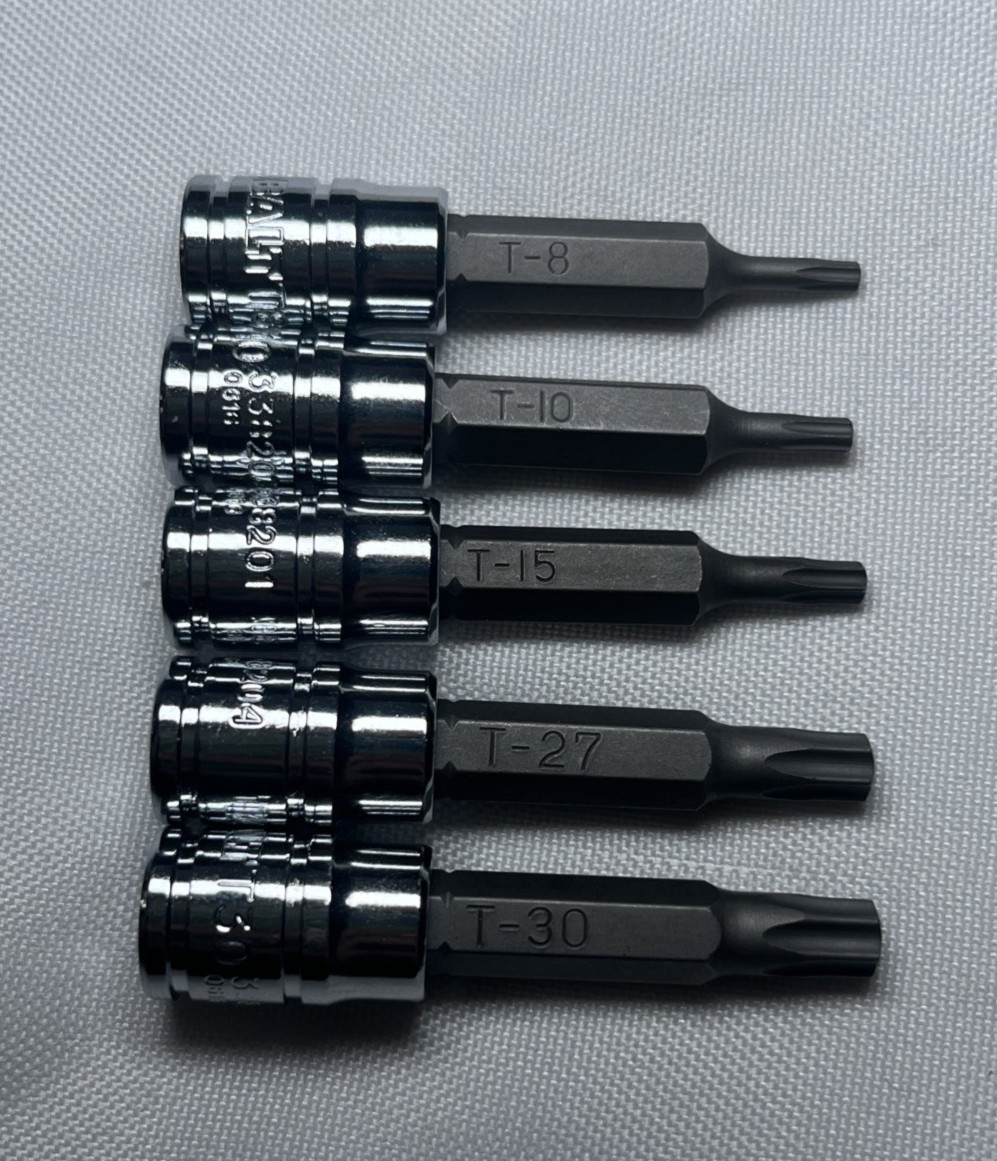 5pk Kobalt Torx Bit Sockets 1/4” Drive Star Bit T8, T10, T15, T27, T30 Lot Set