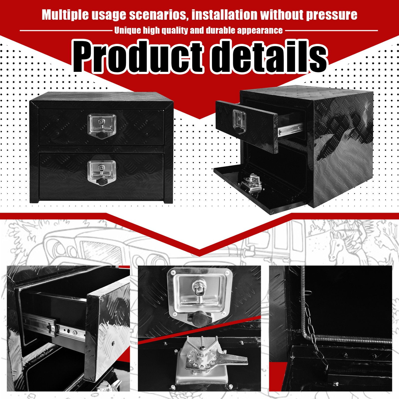 36″ Aluminum Double Layer Drawer Tool Cabinet Truck Pickup Trailer Organizer