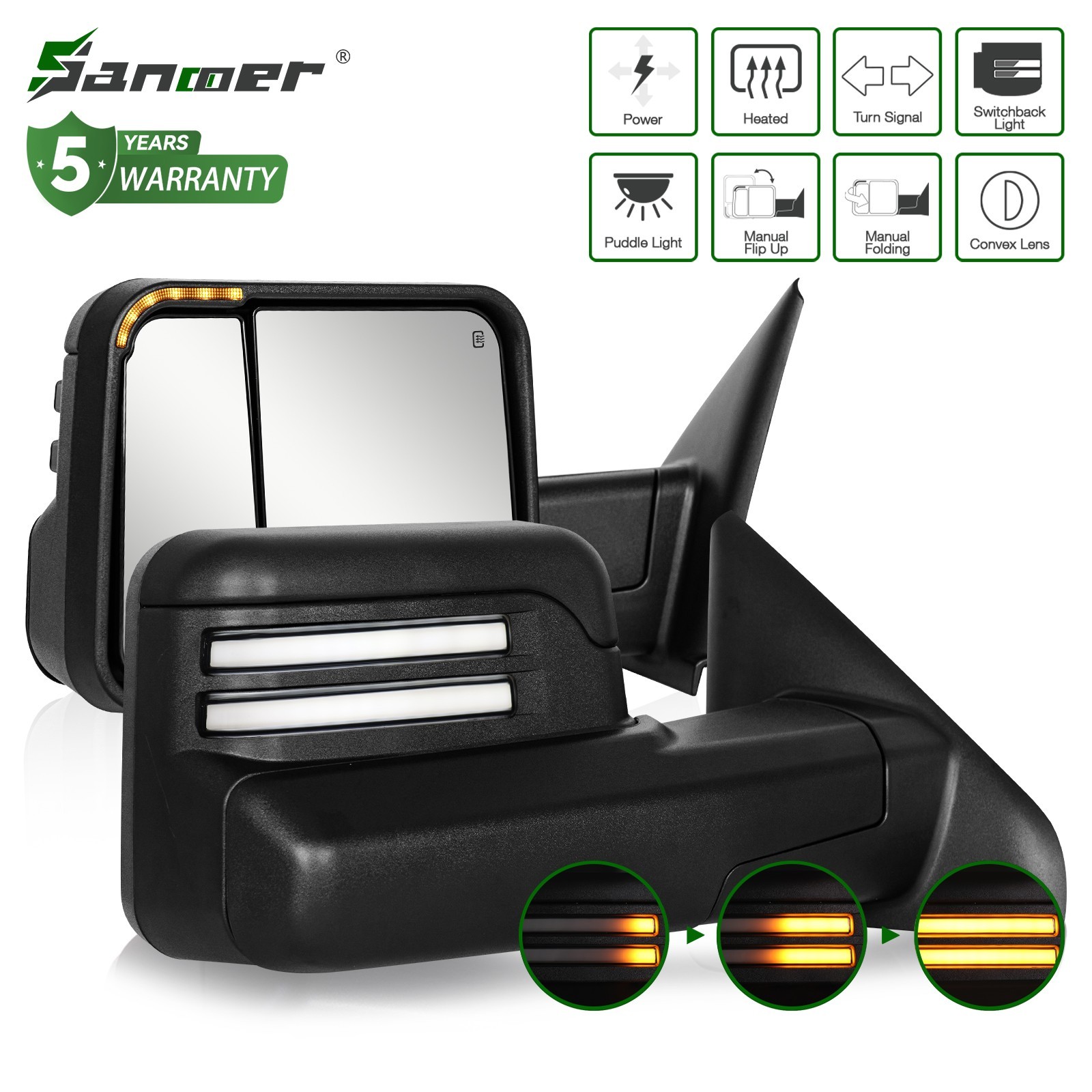 DRL Tow Mirrors for 2002-2008 Dodge Ram 1500 2500 3500 Flip-Up Smoke Switchback