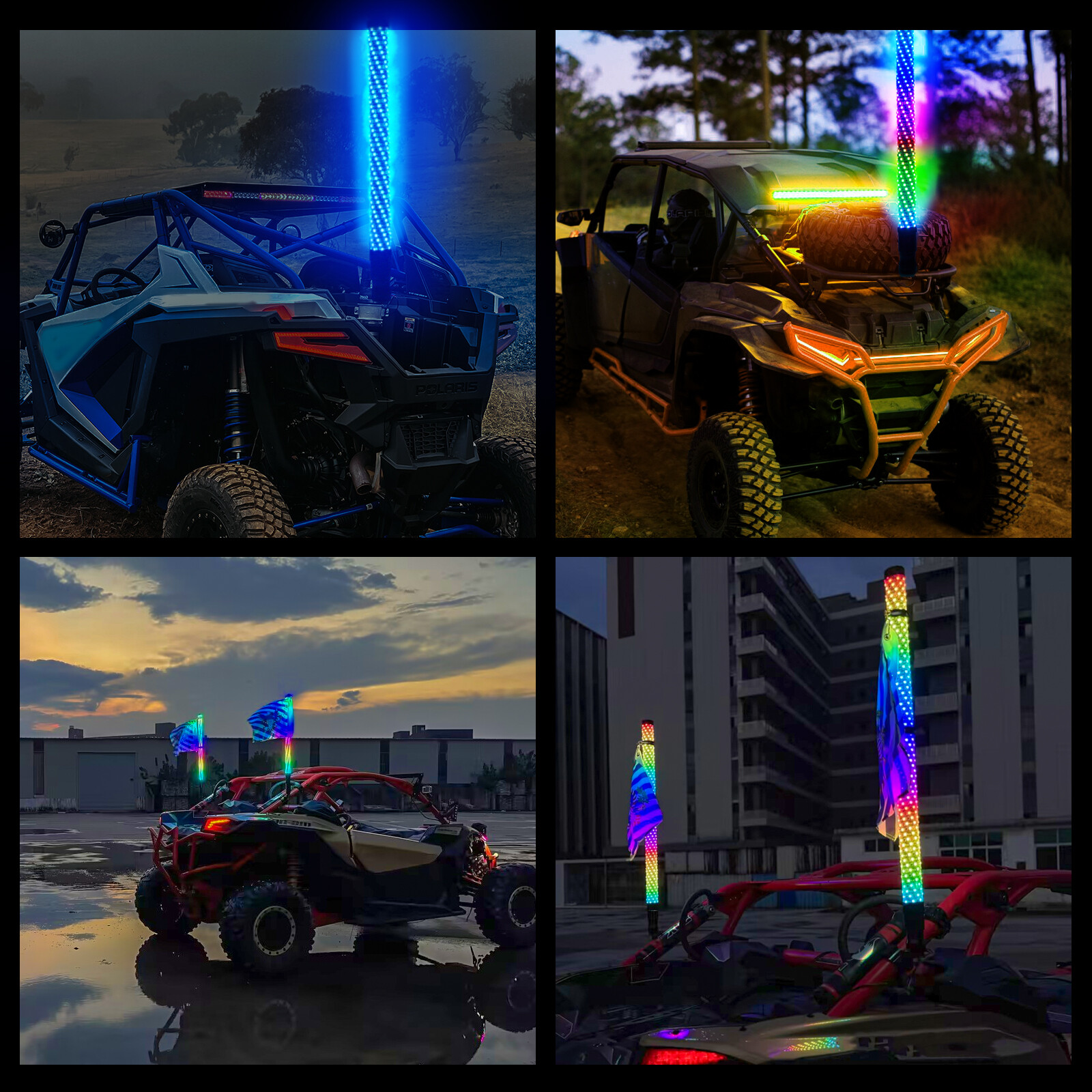 3FT Fat LED Whip Spiral Chasing RGB W/App & Remote Control For Kawasaki UTV ATV