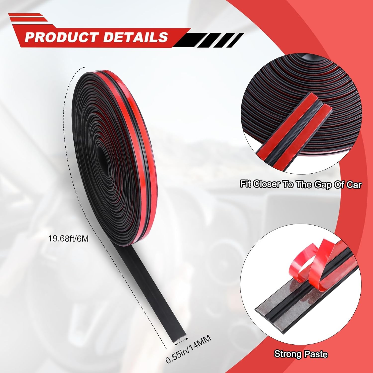T-Shape Car Weather Stripping, 14mmx19.68Ft Rubber Seal Strip, Wind Noise Reduct