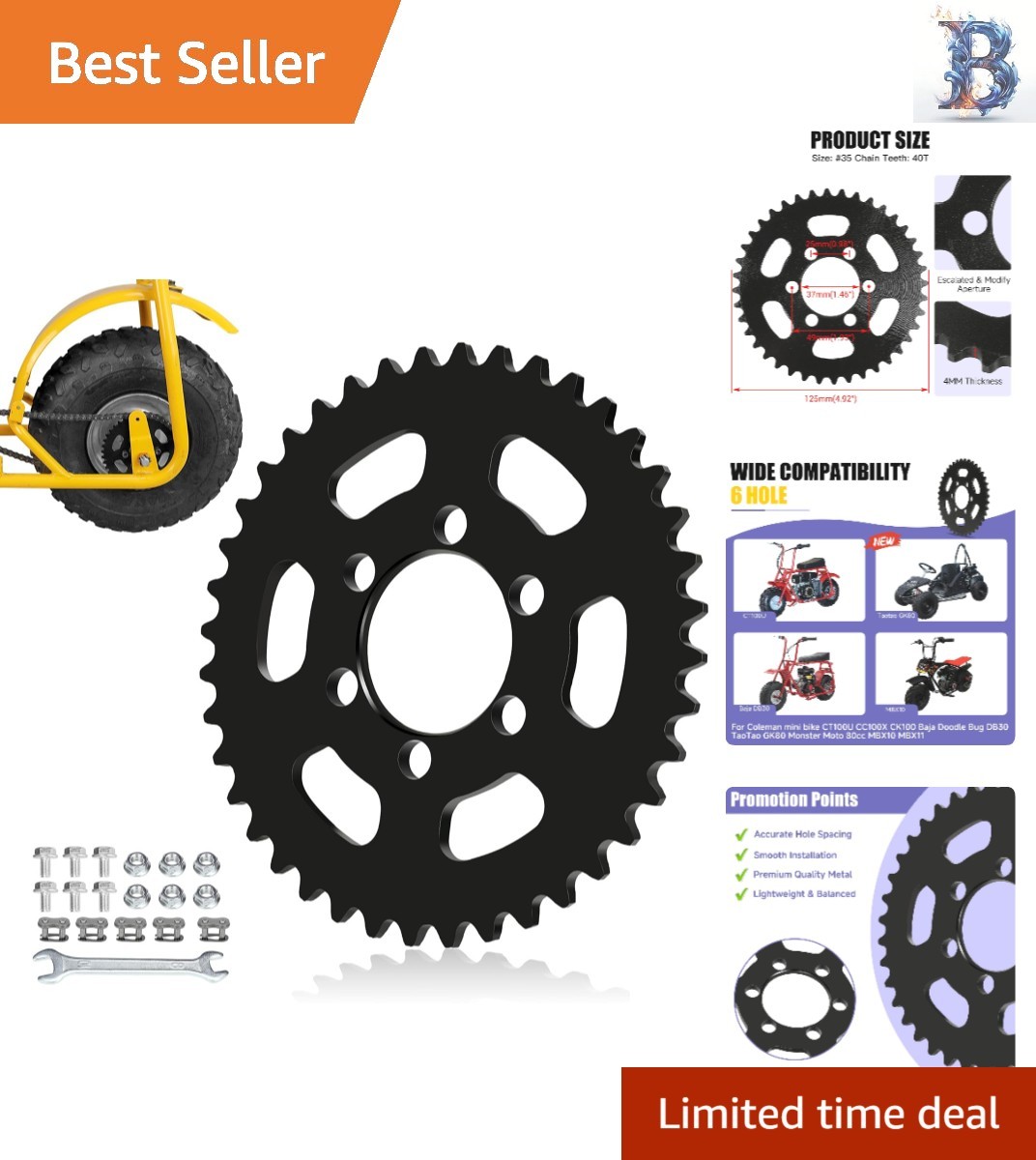 Precision Machined 35 Chain Sprocket 40 Tooth – Durable for Mini Bikes & Karts