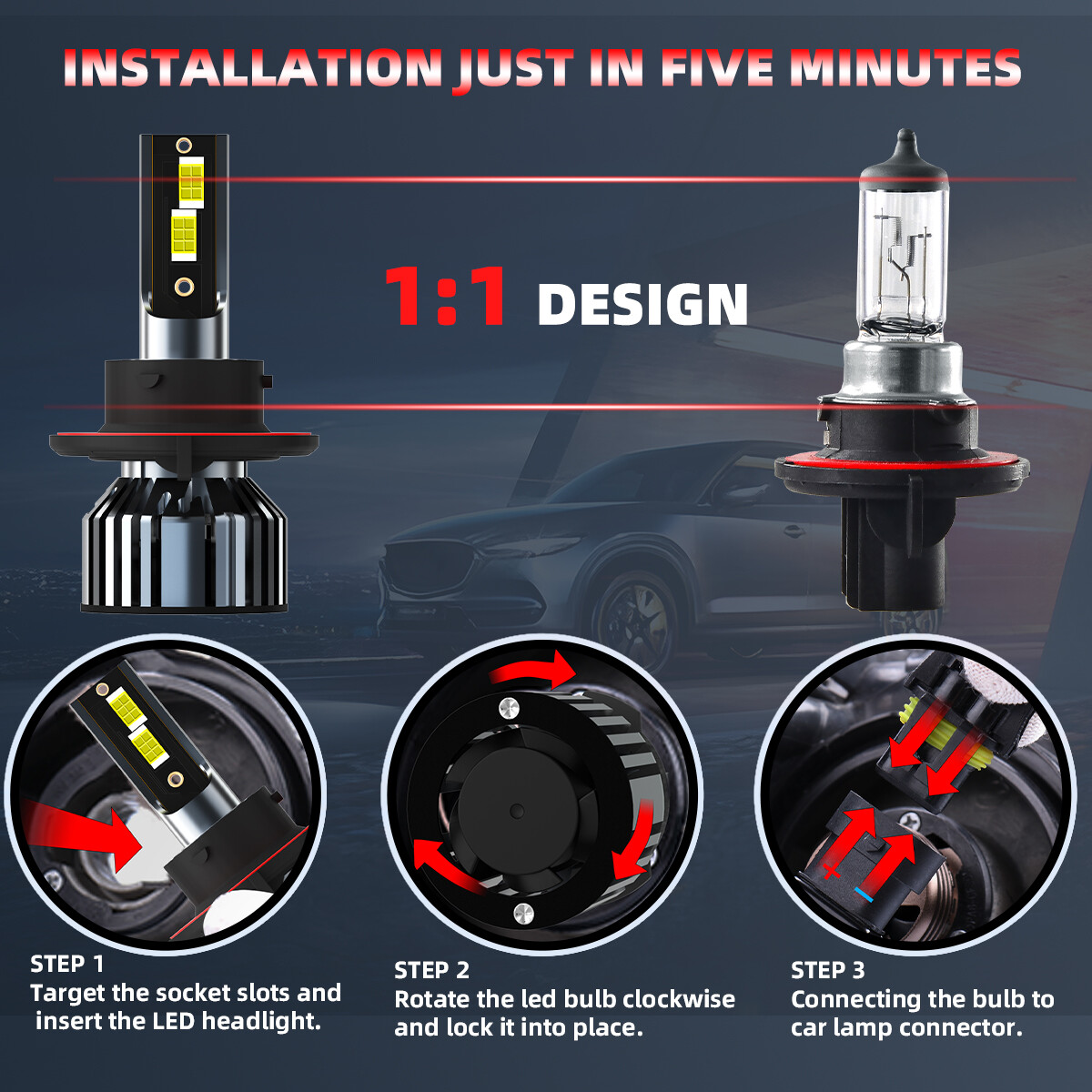 9008/H13 LED Headlight Bulbs Kit High/Low Beam Super Bright 6000K Cold White