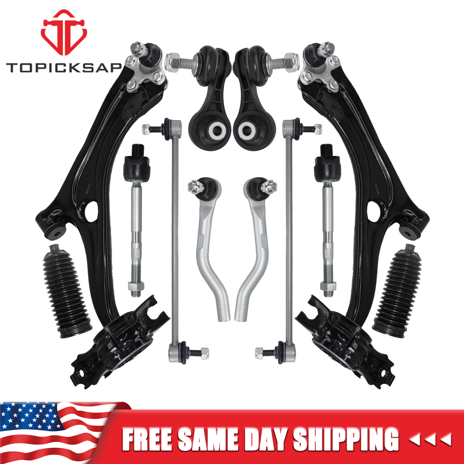 12 Front Lower Control Arms Sway Bar Tie Rod End Kit for 2016 – 2019 Honda Civic