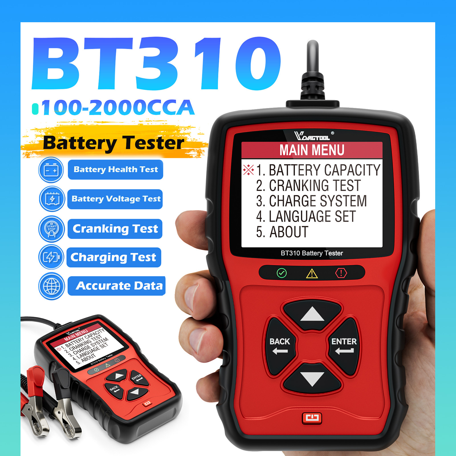 VDIAGTOOL BT310 CarBattery Load Tester 12V/24V 100-2000CCA Battery Analyzer Tool