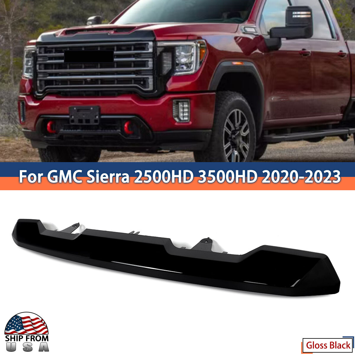 Gloss Black Front Upper Hood Molding Trim For GMC Sierra 2500 3500 HD 2020-2023