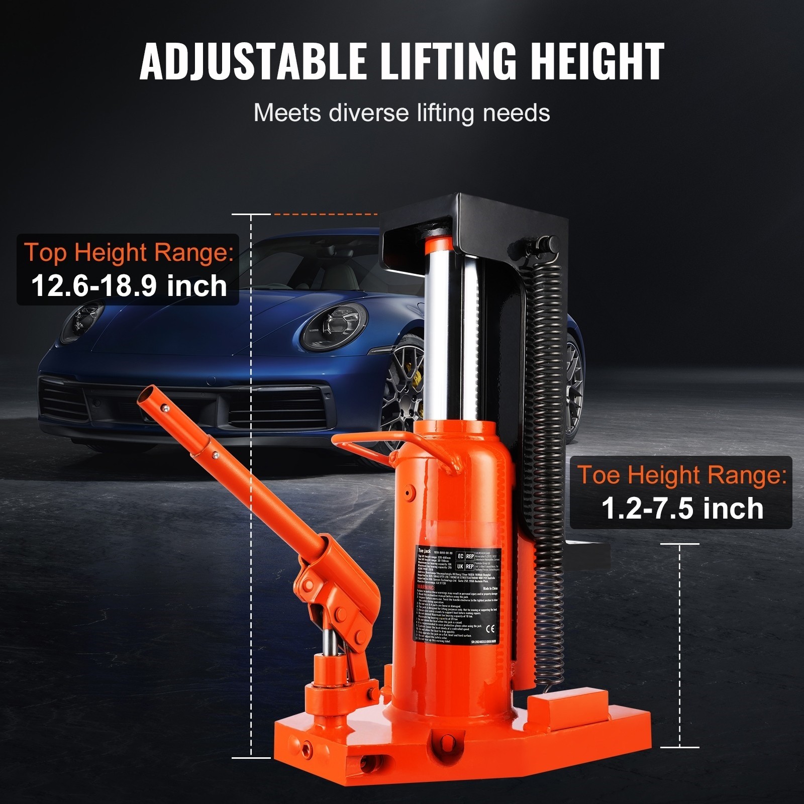 VEVOR Hydraulic Machine Toe Jack Lift Lifting Capacity 10 Ton Toe 20 Ton Top