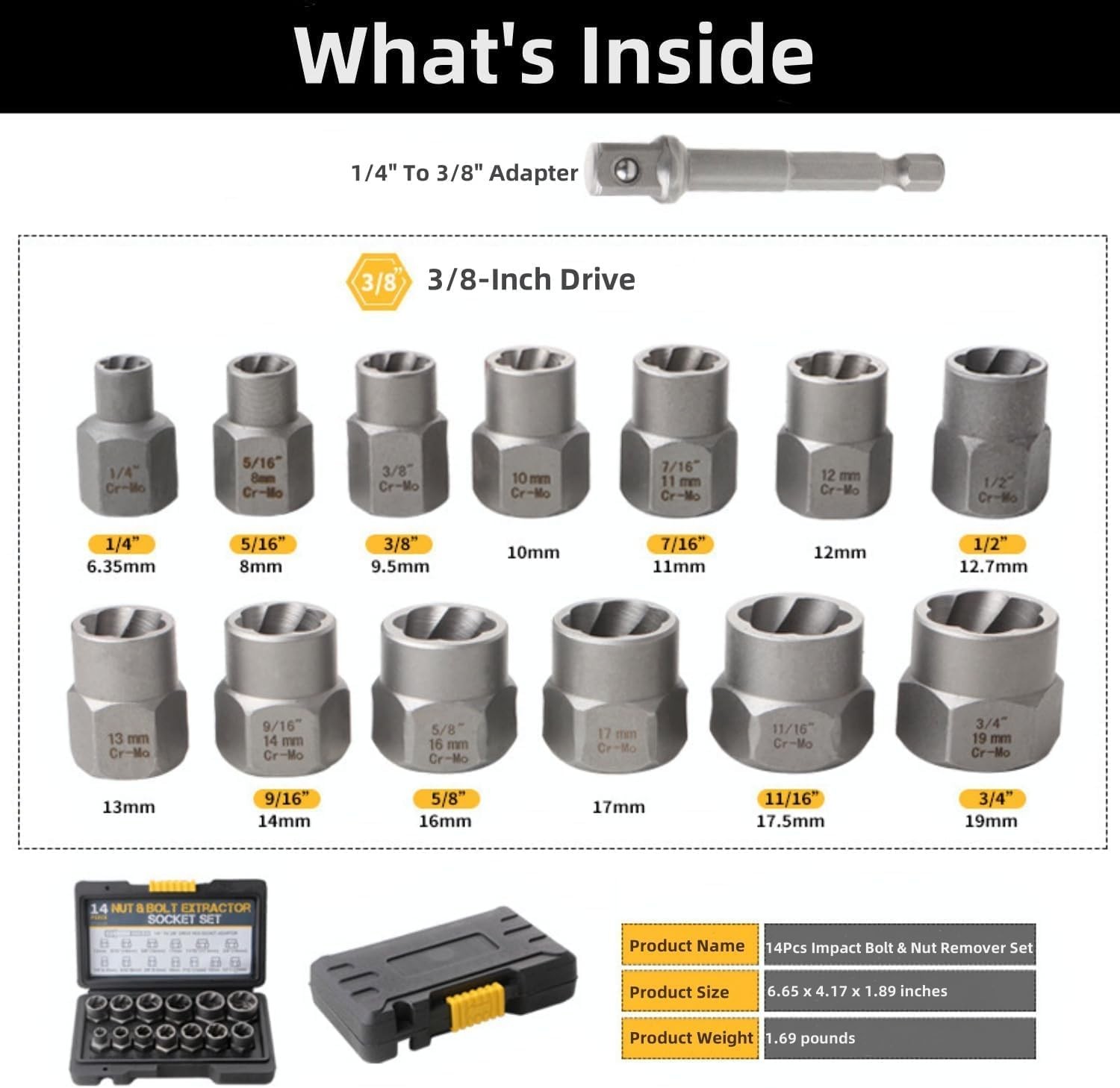 Impact Nut & Bolt Remover Set 3/8″ Bolt Extractor Tool Socket Kit With Case 14pc