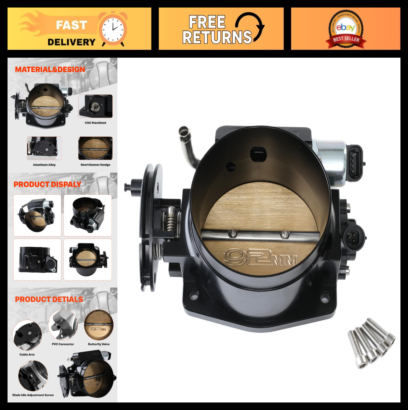 92mm Throttle Body Assembly with TPS & IAC for GM LS1 LS2 LS3 LS6 LS7 LSX – 4 Bo