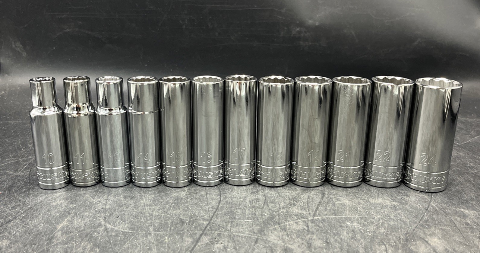 Husky 12 piece 1/2″ Drive 12pt Deep Socket Set 10mm-24mm